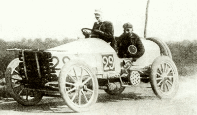 Marcel Renault and his 30 hp car about to embark on what was to become their last race, the 1903 Paris to Madrid