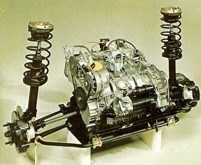 The engine and front suspension of the Peugeot 104