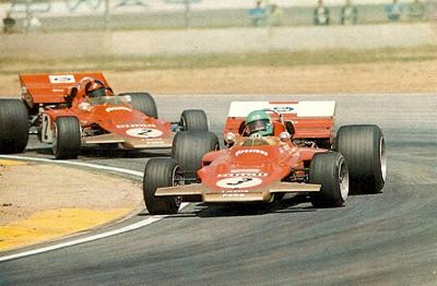 Reine Wisell leads Emerson Fittipaldi, both in Gold Leaf Team Lotus 72's, around Ontario in the 1971 Questor Grand Prix