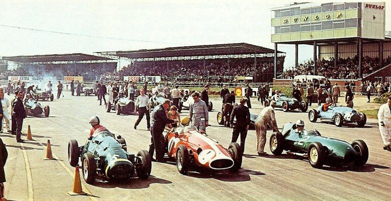 Cars line up for a historic-car meeting at Silverstone circa 1974