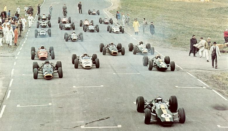 Cars at the start line of the 1964 United States Grand Prix at Watkins Glen