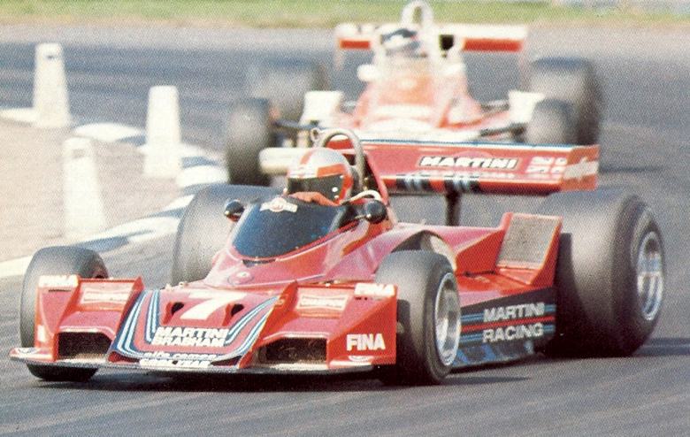 John Watson's Brabham BT45 leads James Hunt through Becketts in the 1977 British Grand Prix at Silverstone