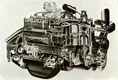 A cutaway shot of the in-line side-valve six-cylinder engine, which was produced by Nash and Hudson in the 1950's