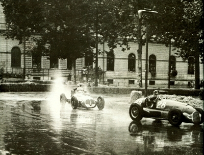 Raymond Sommer driving through the wet in his Ferrari 125 during the Italian GP at Turin