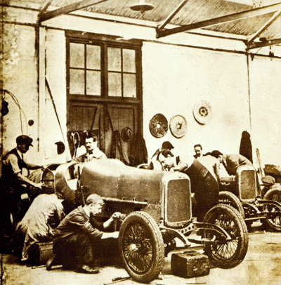 Work in progress on the Alvis team cars, prior to the Brooklands 200 mile race of 1923