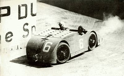 E. Friedrich in the 2 liter tank-bodied Bugatti on his way to the third place in the 1923 French Grand Prix at Tours