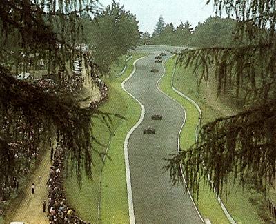 Cars approach the Karussel during the 1972 Grand Prix