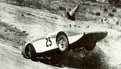 Ray Cuomo's Austin Healey crashes out during the 1957 Sebring 12 hour