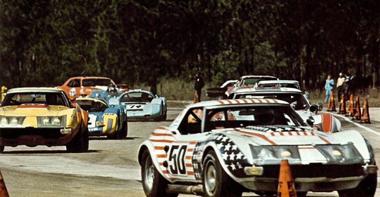 Corvette's lead the way in the middle of the 1971 Sebring 12 hours