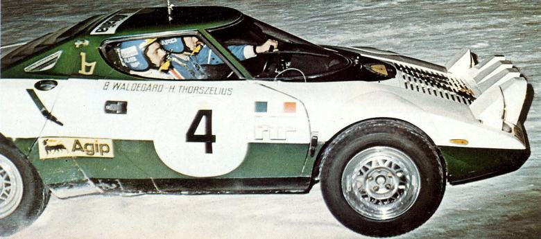 Bjorn Waldegard in action during the 1975 Swedish Rally driving the highly-competitive Lancia Stratos